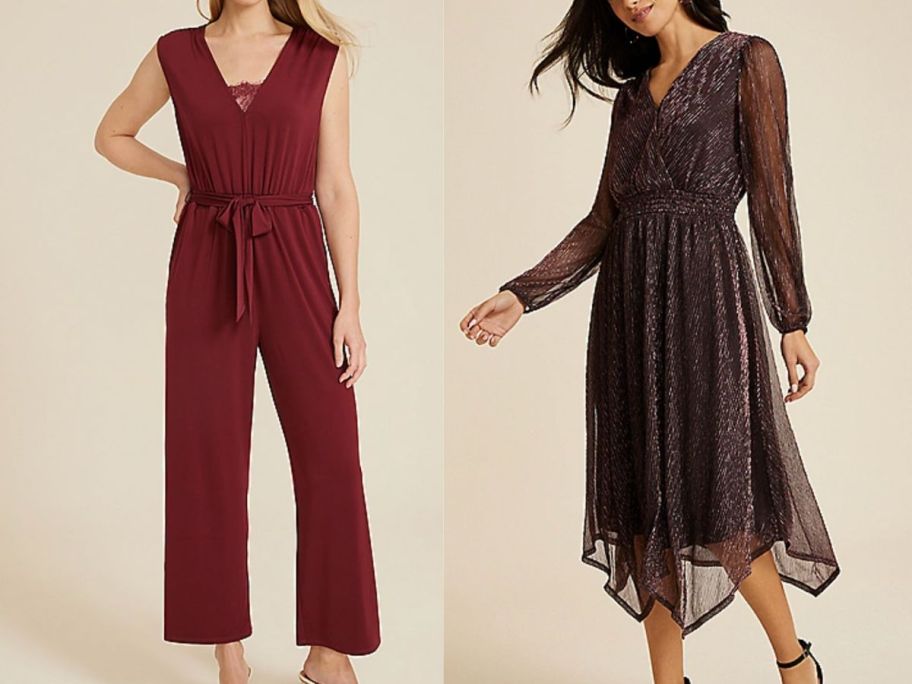 2 women wearing a jumpsuit and a dress