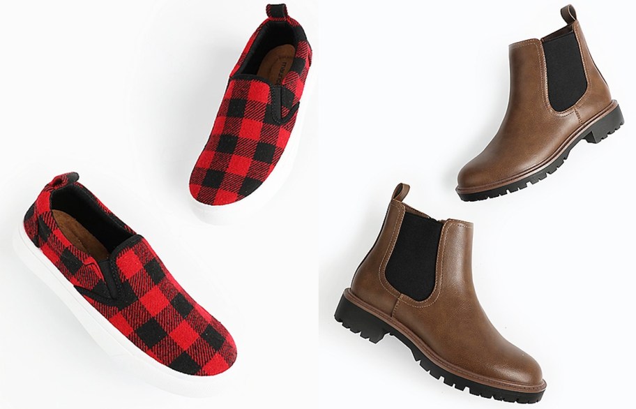 pairs of red and black buffalo paid sneakers and brown boots