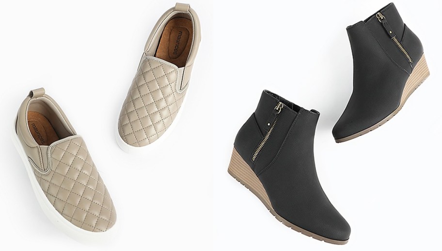 pairs of quilted slip-on sneakers and black booties