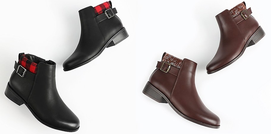 black and brown pairs of ankle boots