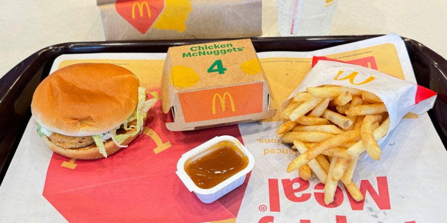 mcchicken, nuggets and fries on tray 