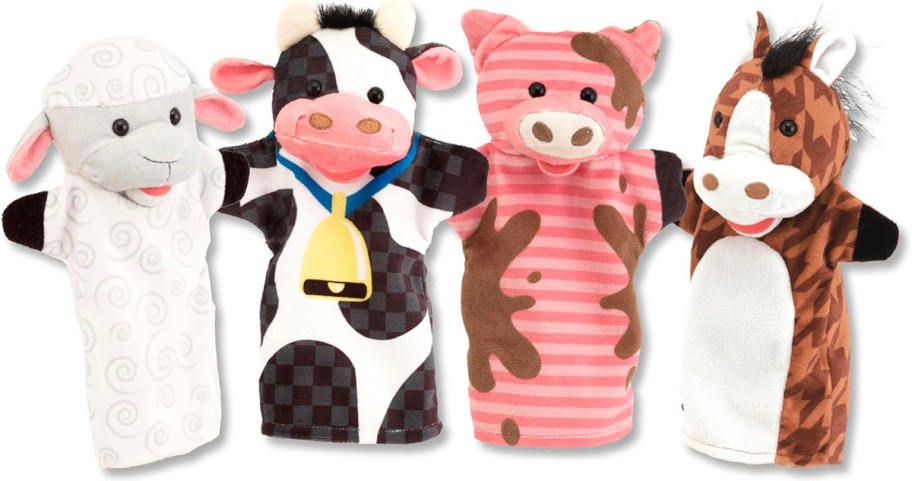 sheep, cow, pig, and tiger puppets 