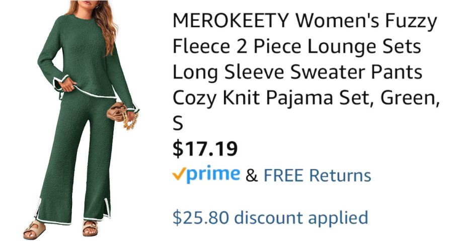 woman wearing green lounge set next to Amazon pricing information