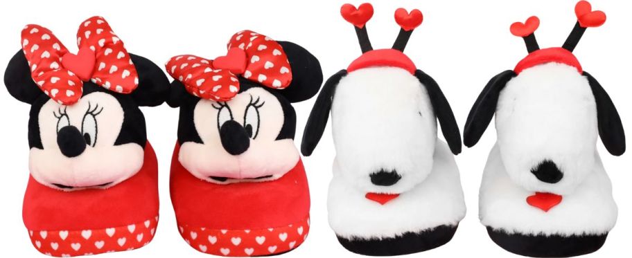  pair of valentines day minnie mouse and snoopy slippers