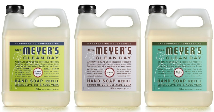 3 bottles of Mrs. Meyers Hand Soap Refills in various scents