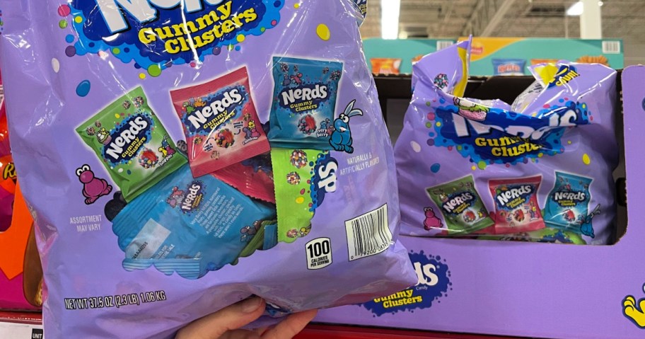 Purple bag of nerds gummy clusters inside Sam's Club