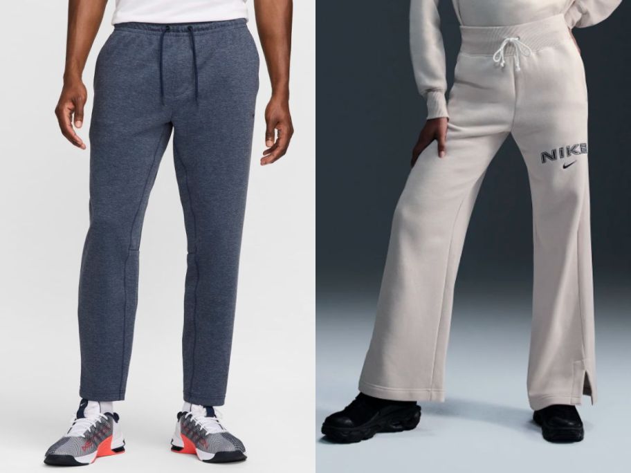 two people wearing nike pants