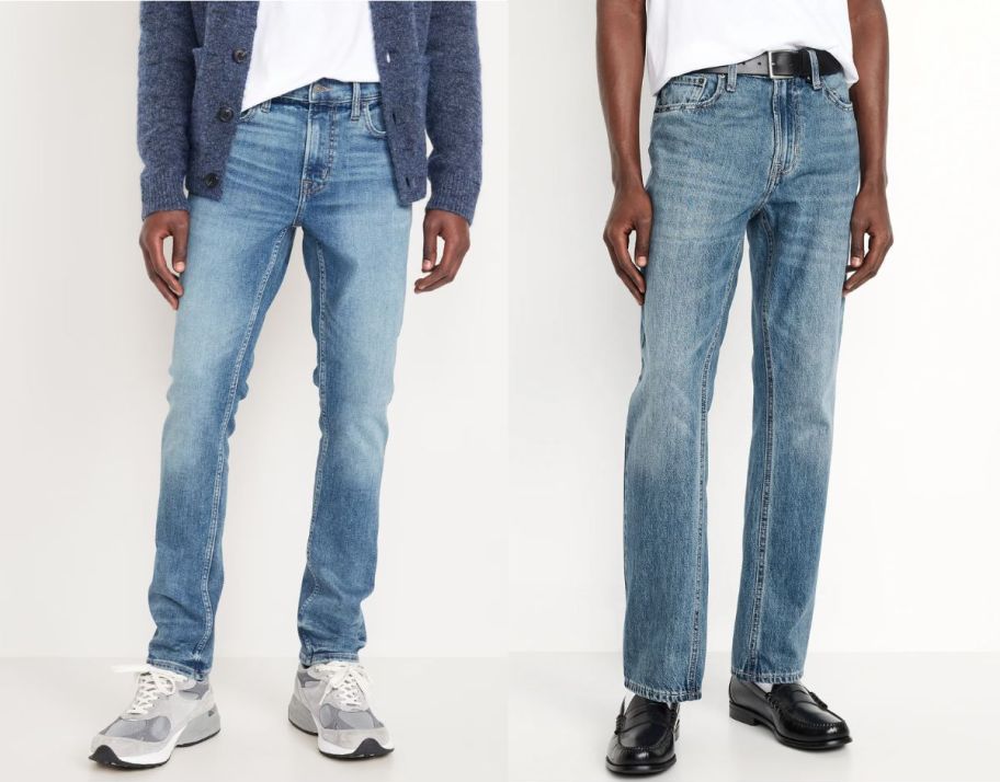 two men wearing old navy jeans stock image