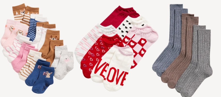 various sock multipacks, one is a kids design with animals and stripes and dots, one is a women's with red, white, pink Valentine's design, and one is a men's crew sock in heathered neutral colors