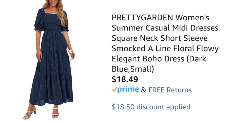 woman wearing navy dress next to Amazon pricing information