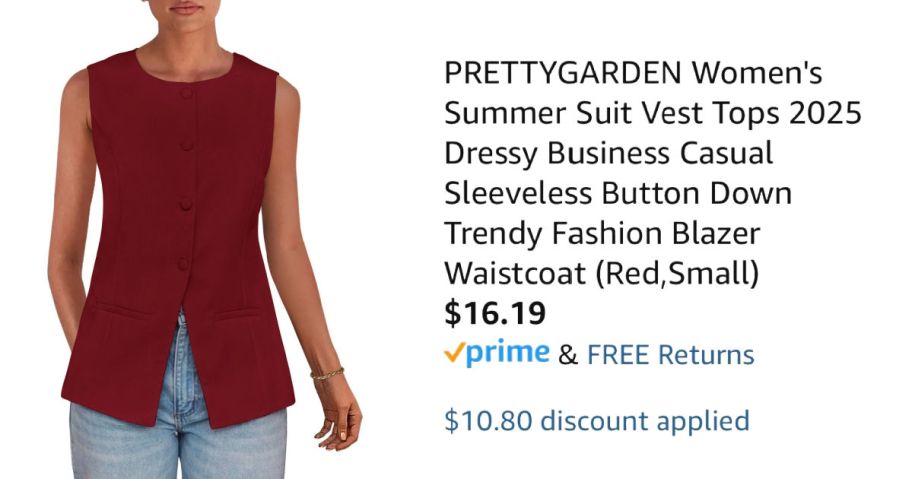 woman wearing red vest next to Amazon pricing information