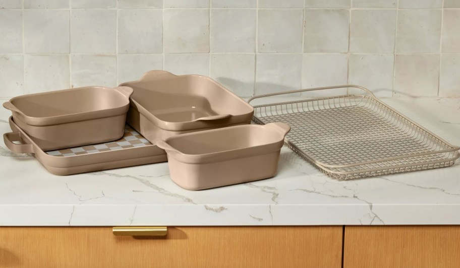 tan ceramic bakeware set