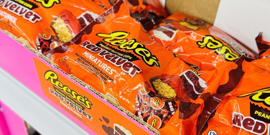 reese red velvet candy bags on shelf