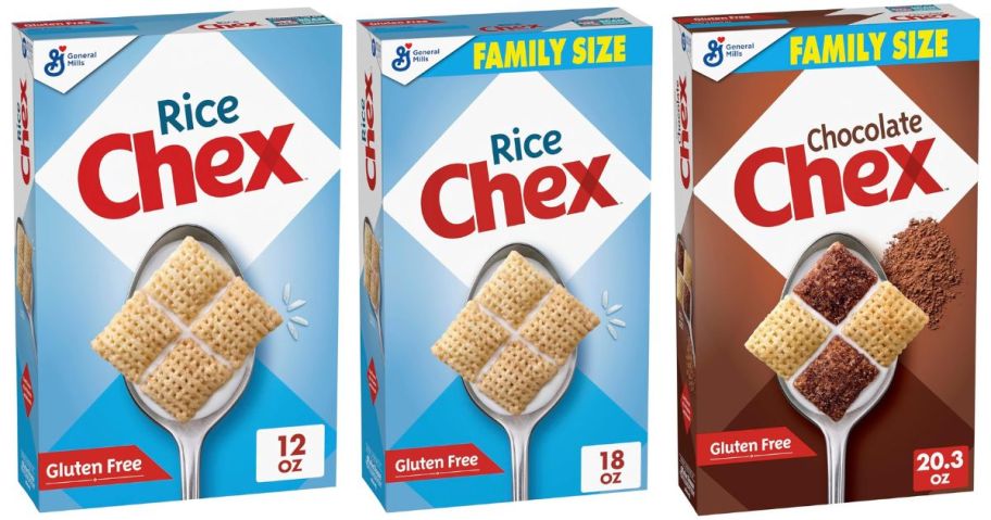 box of rice chex and box of rice chex family size and box of chocolate chex family size