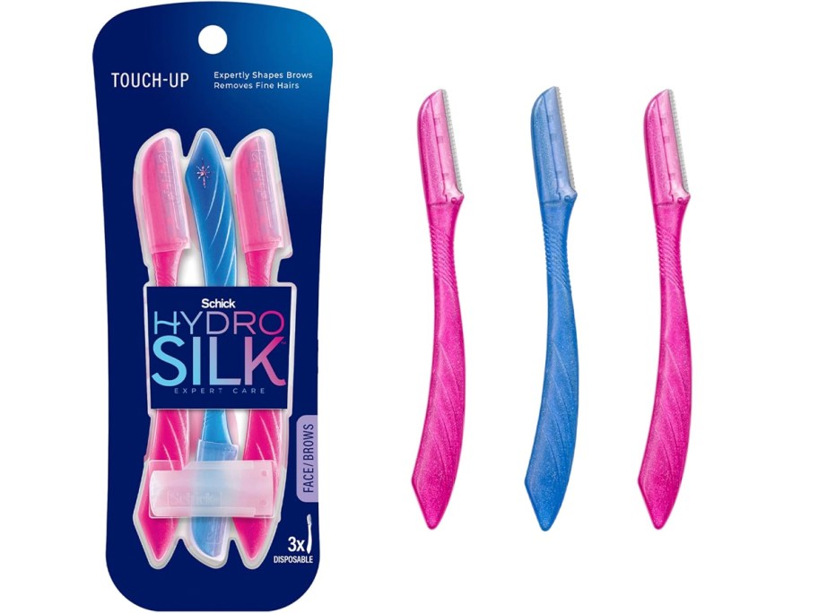 schick hydro silk razor pak with three razors next to it