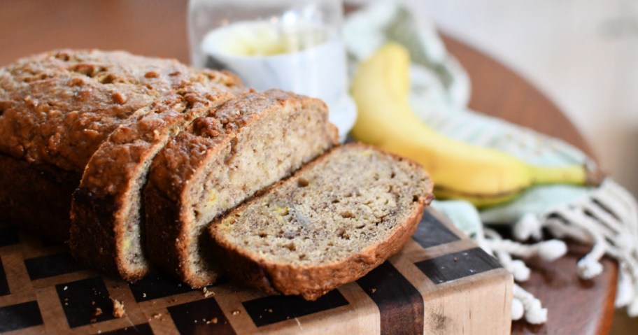 sourdough banana bread on a cutting board