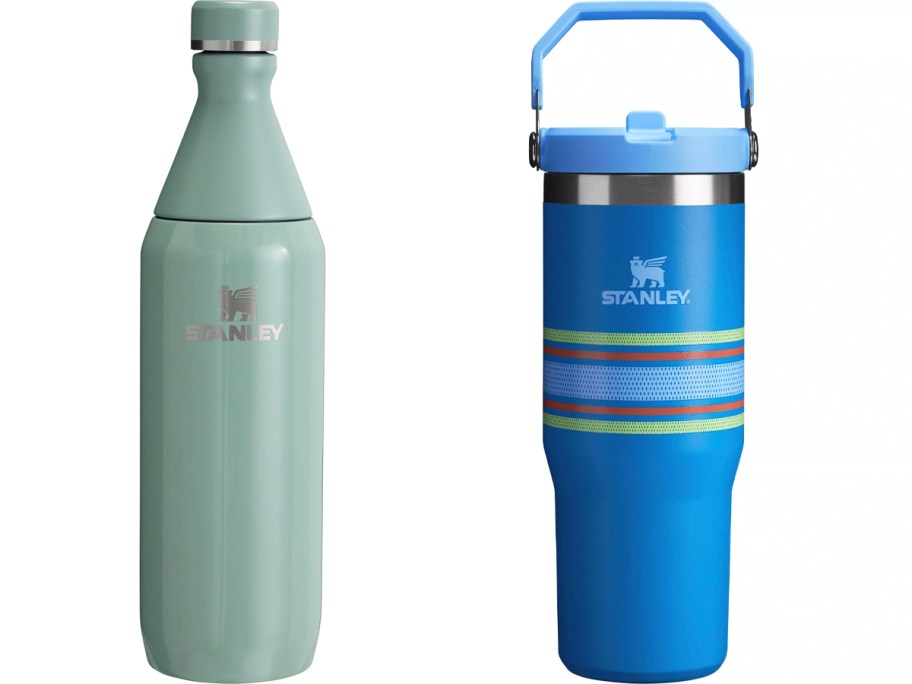 stanley green bottle and blue tumbler