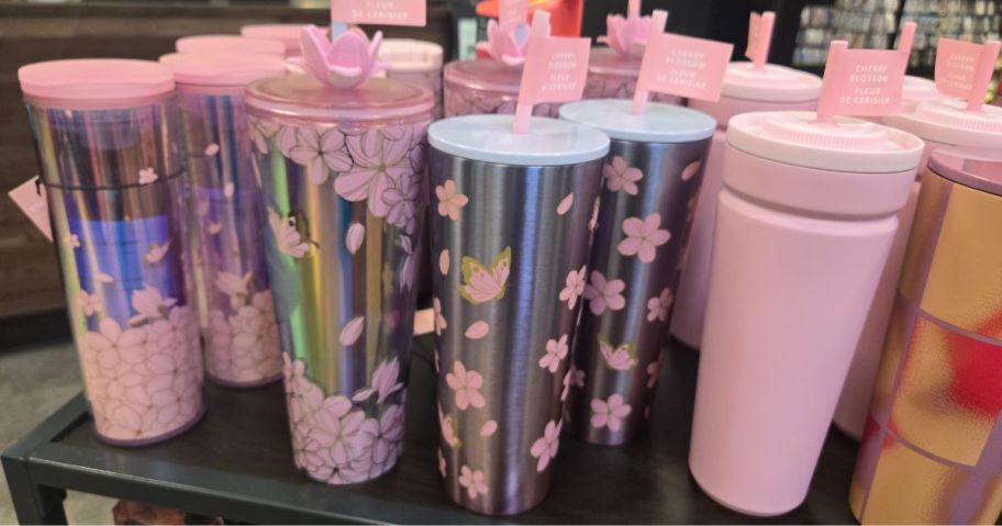 starbucks cherry blossom collection on shelf in store