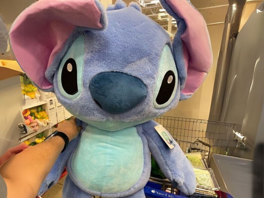 close up of Disney Stitch Jumbo 40" Plush in hand in store