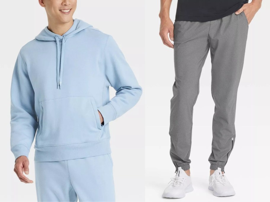 man wearing a light blue hoodie and matching sweatpants and man wearing grey sweatpants and white sneakers