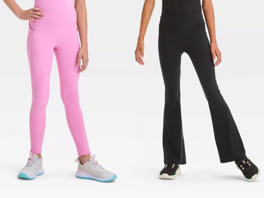 a girl wearing pink leggings and a girl wearing black flair leggings