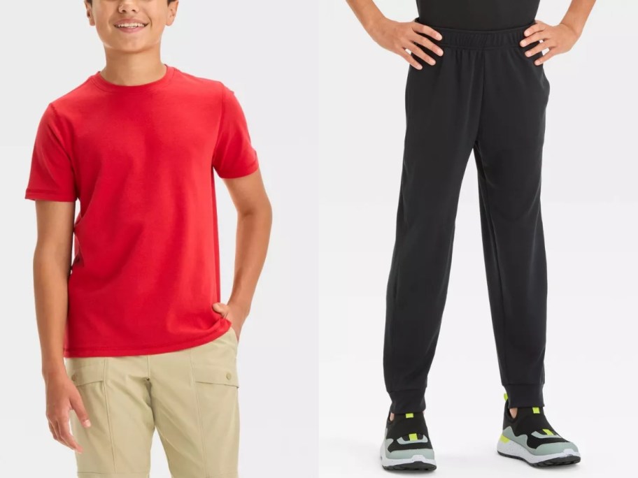 a boy wearing a red tshirt and khaki pants and a boy wearing black jogger pants