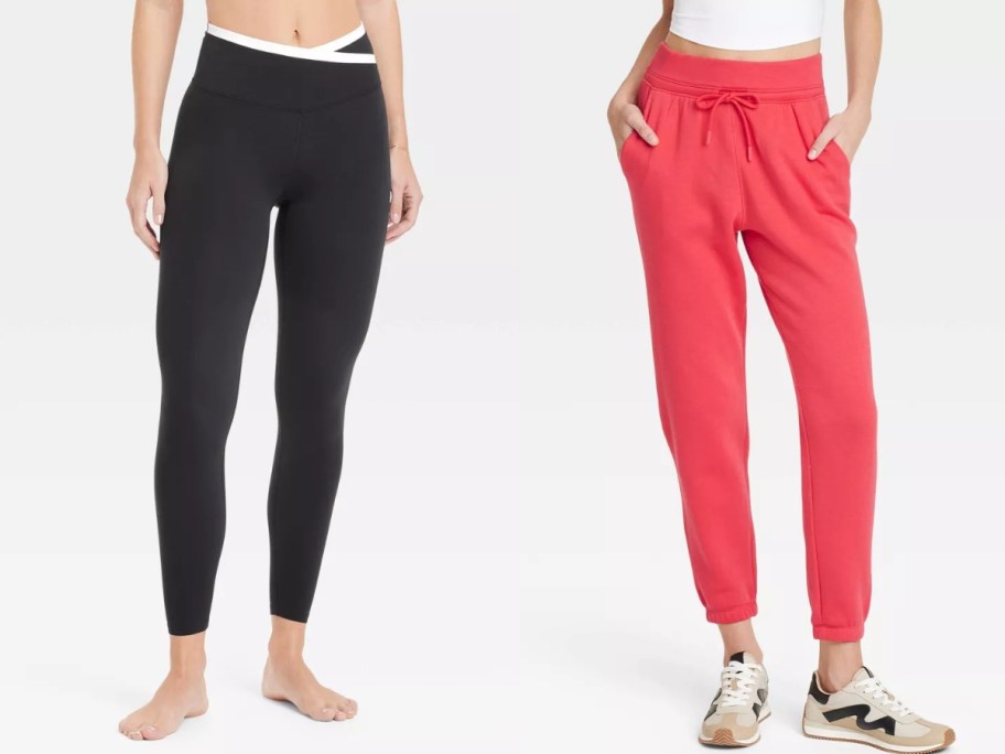 the lower half of 2 women's bodies, one is wearing black leggings, one is wearing coral pinkish red joggers and sneakers