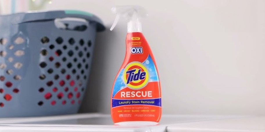 tide rescue bottle on washer with basket in the back