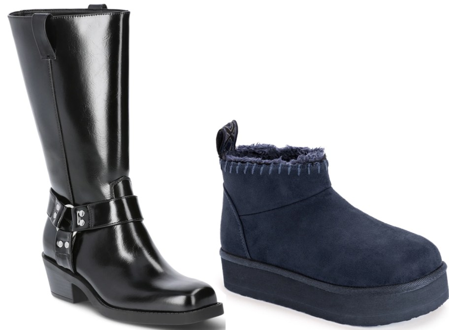 tall black and short blue boots 