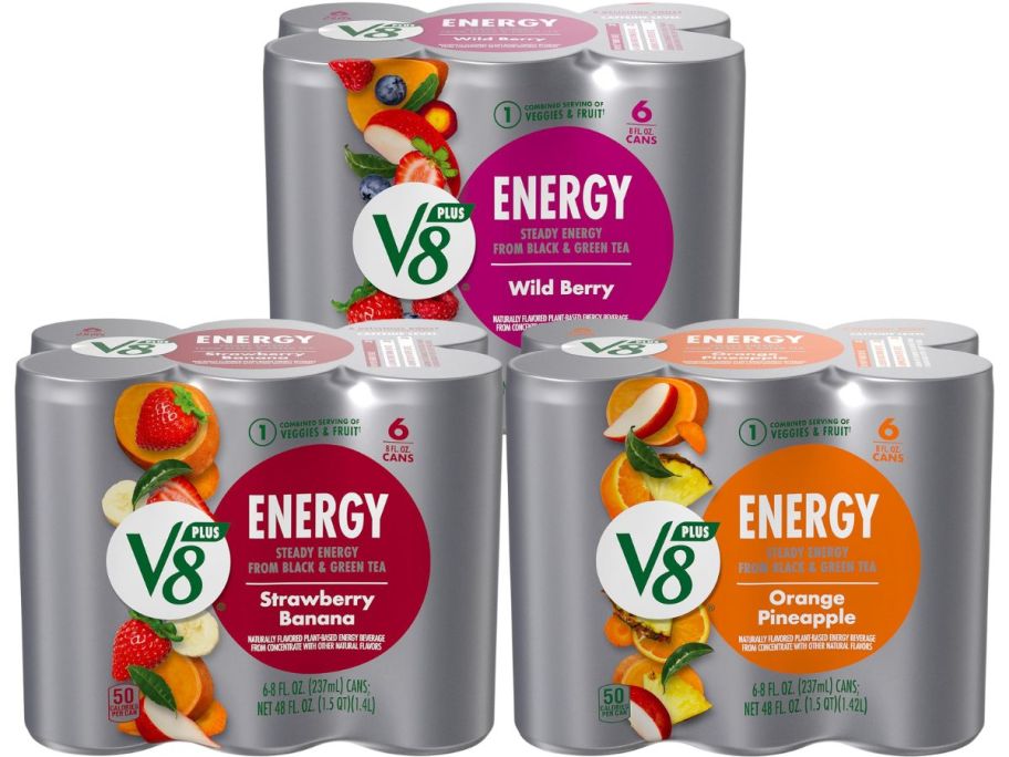 3 six packs of v8 energy drinks in various flavors stock image