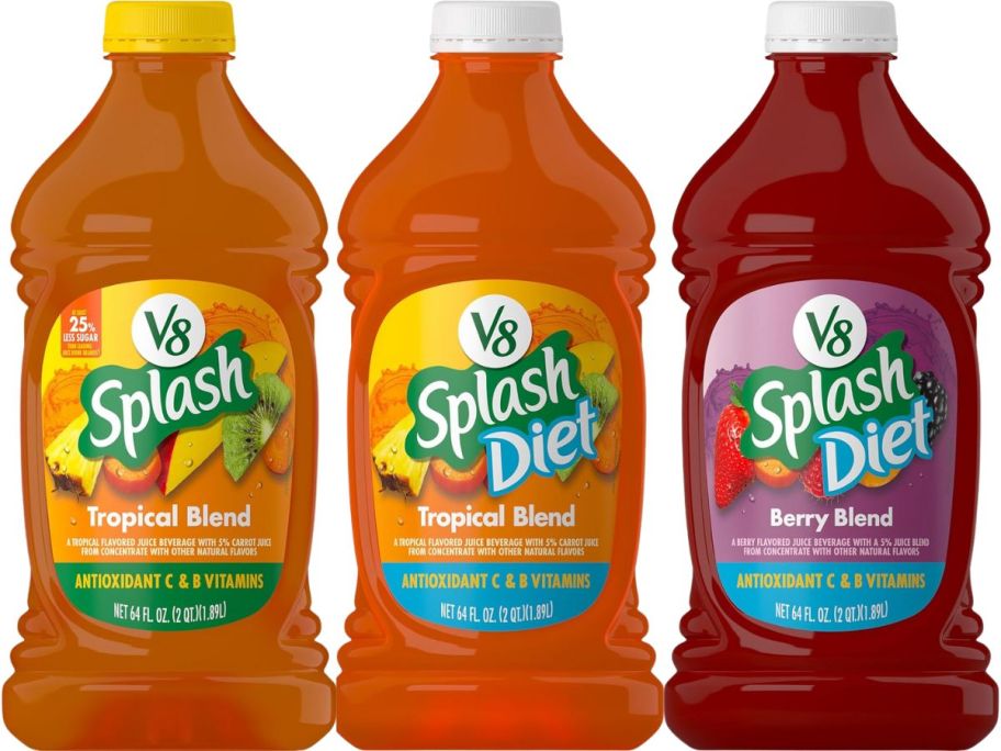 tropical blend, tropical blend diet, and berry blend diet v8 splash bottle stock images