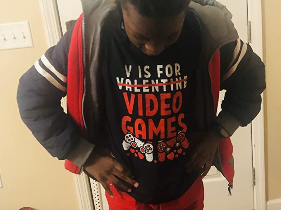 boy wearing valentines day shirt