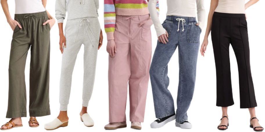 5 women modeling pants on a white background