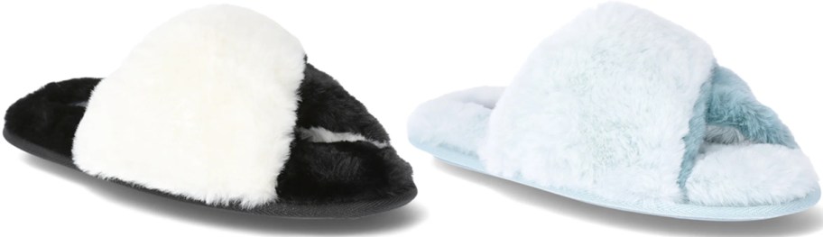 black and white and blue slippers 