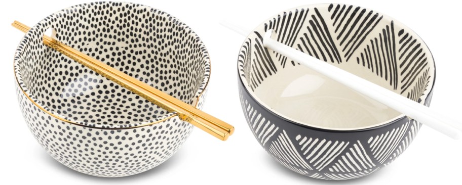 two black and white ramen bowl sets