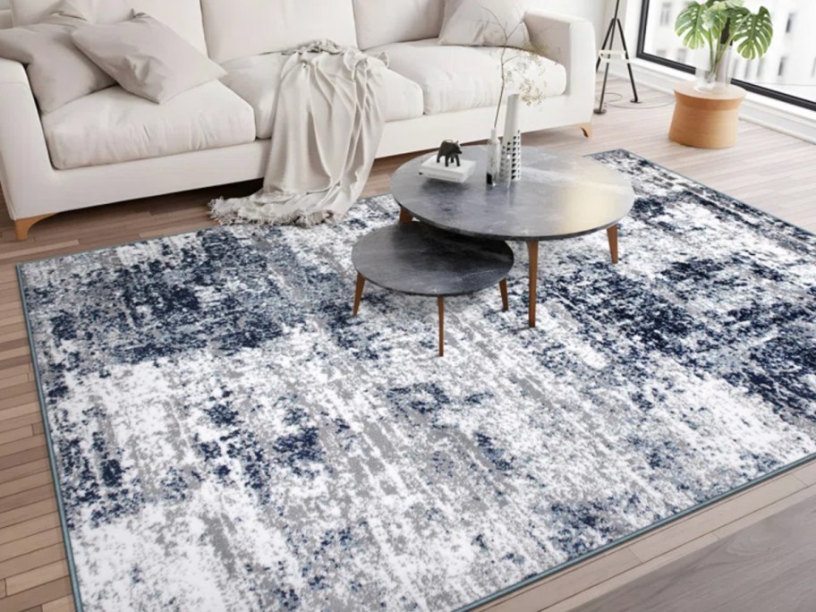 blue and white abstract area rug