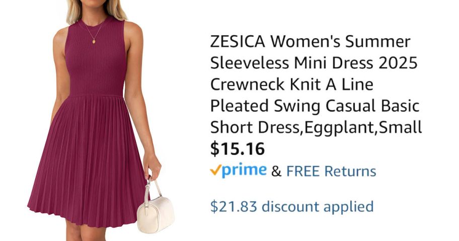 woman wearing maroon dress next to Amazon pricing information