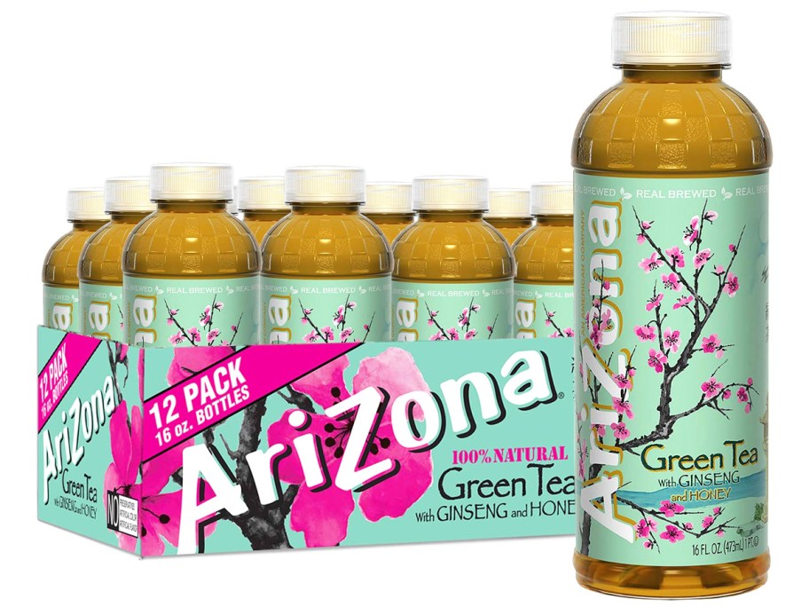 a bottle of Arizona Green Tea with a case of more bottles behind it