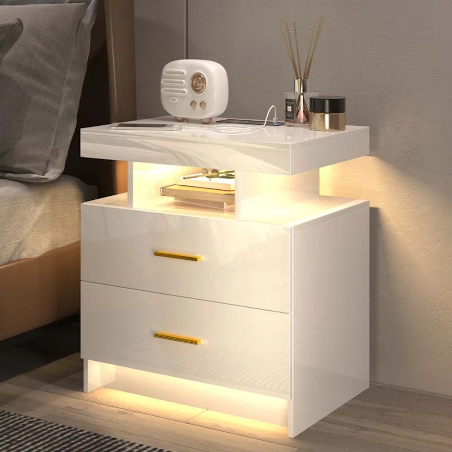 white nightstand with light