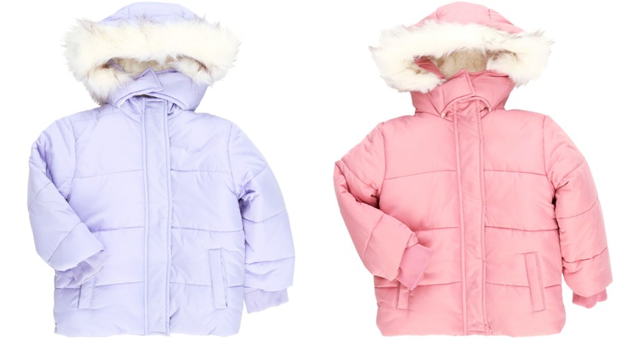 light purple and pink puffer coats with faux fur hoods