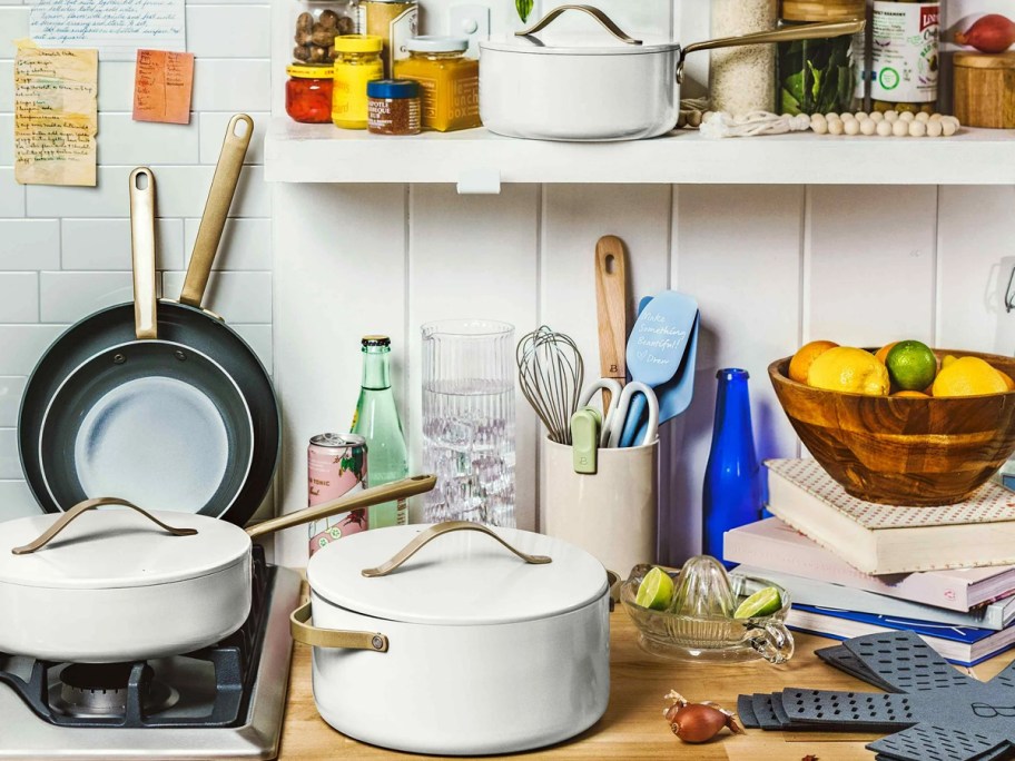 white cookware set on counter