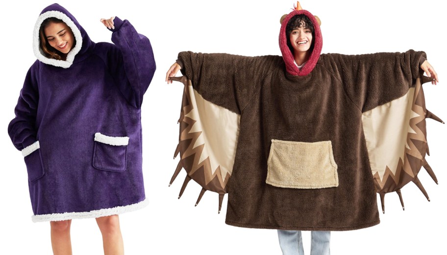 two women in purple and brown turkey blanket hoodies