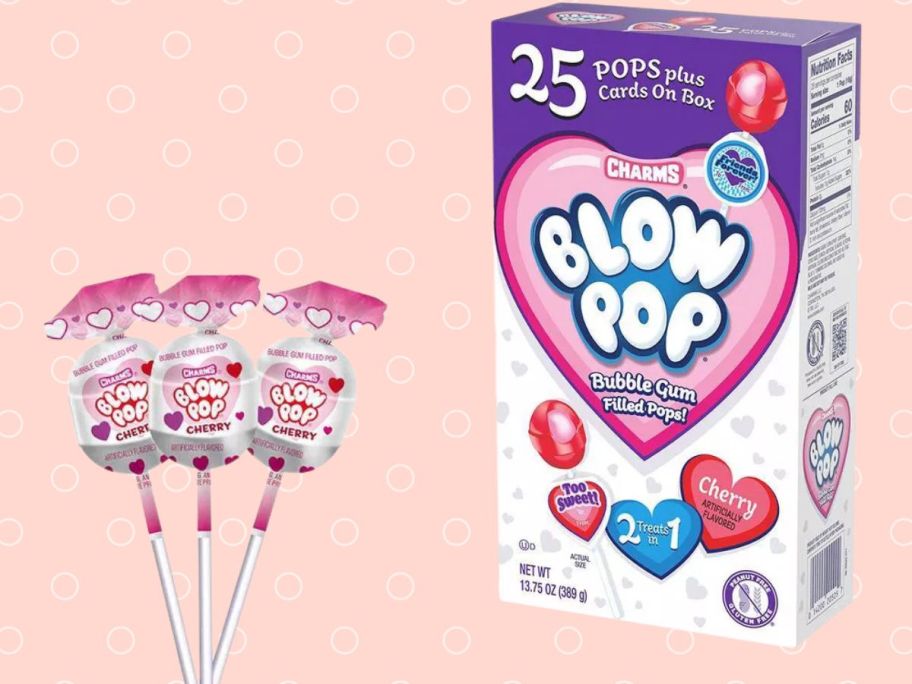 Blow Pops Valentine's Day Classroom Exchange Bubble Gum Pops 25-Count against pink background