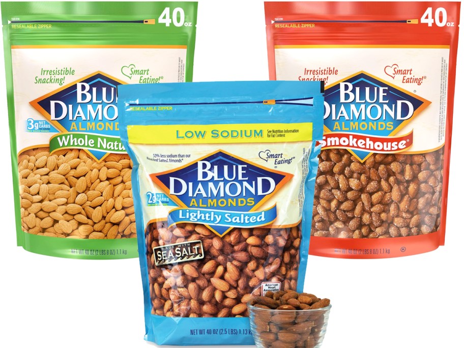 three large bags of Blue Diamond Almonds