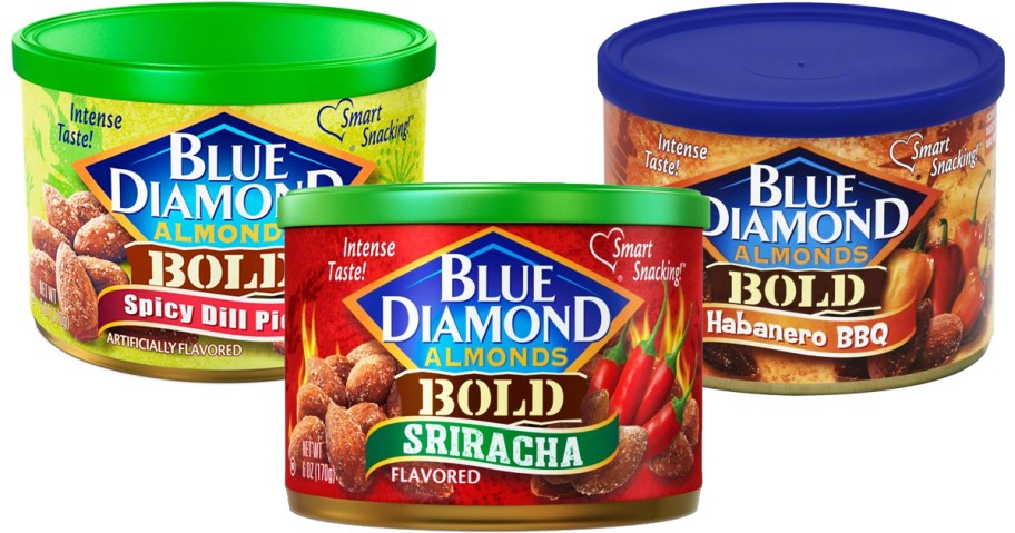 three cans of Blue Diamond Bold Almonds