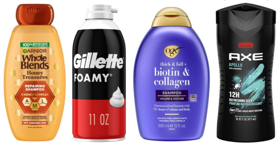 two bottles of shampoo, shave cream and body wash