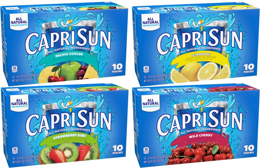 four blue boxes of Capri Sun Juice Pouches