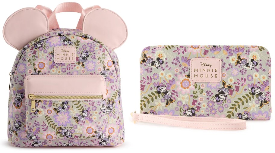 Disney's Minnie Mouse Floral Mini Backpack w: 3D Ears and Wristlet