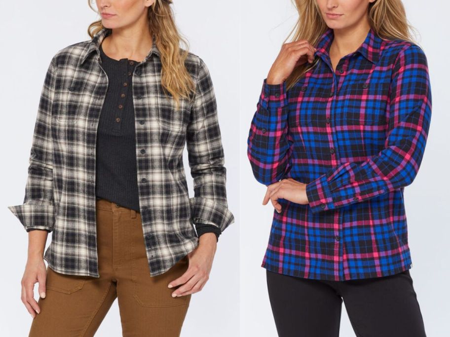 two women wearing flannel shirts