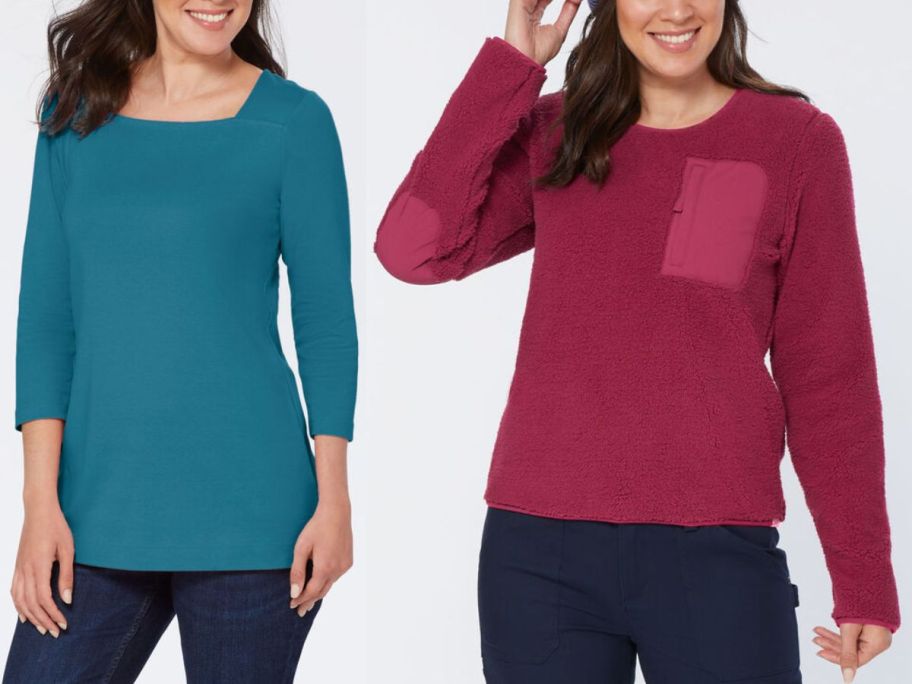 2 women wearing long-sleeved shirts in blue nad pink